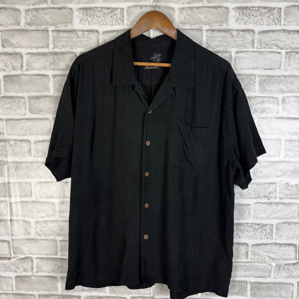 Tommy Bahama Men XL Black Silk Jacquard Leaf Short Sleeve Camp Shirt Button Down